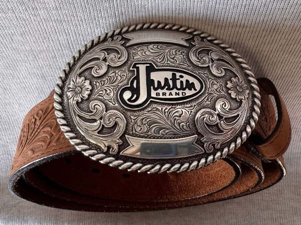 Justin Brand Floral Tooled Leather Western Belt with Silver Trophy Buckle Size 4